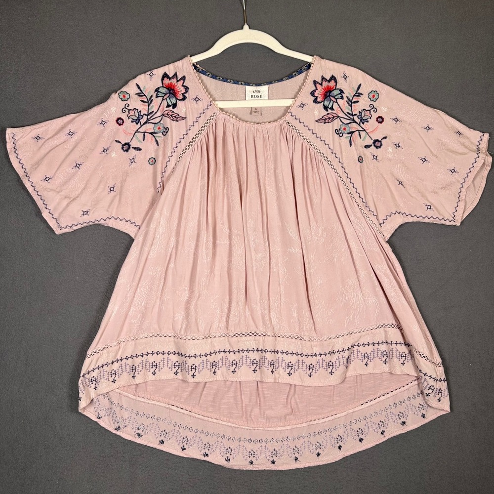 Knox Rose Top Womens Medium Pink Embroidered Boho Flutter Sleeve Peplum Blouse